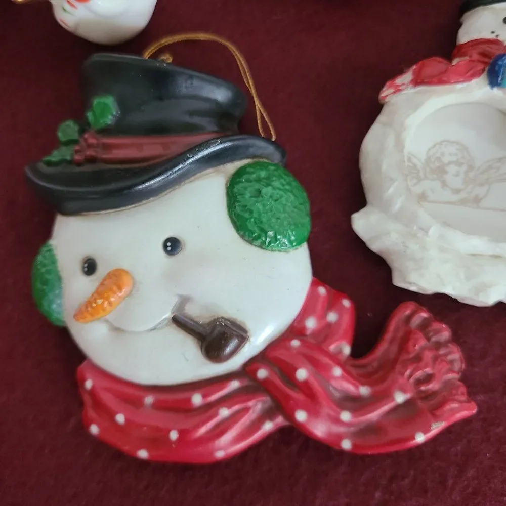 Vintage Winter Snowman Christmas Ornaments and Stocking Hanger Bundle of 8